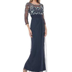 🌟 JS Collections Navy Blue Beaded Illusion Gown – Size 8